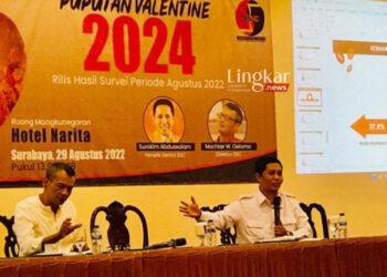 MENERANGKAN: Direktur SSC Mochtar Wahyu Oetomo (kiri) di sela pemaparan survei di Surabaya pada Senin, 29 Agustus 2022. (Istimewa/Lingkar.news)