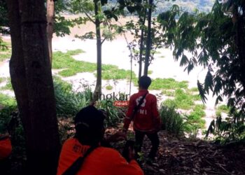 MENYUSUR SUNGAI: Relawan PMI bersama SAR gabungan BPBD Cianjur, melakukan penyusuran pinggiran Sungai Cisokan, Blok Nusa 2 untuk menemukan tubuh nenek Epon (83) yang dlaporkan hilang terbawa arus pada Rabu, 21 September 2022. (Istimewa/Lingkar.news)