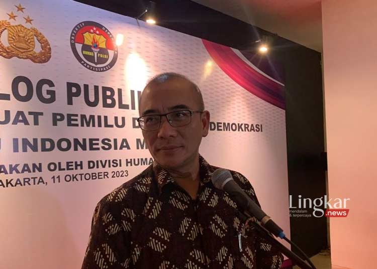 BERI KETERANGAN: Ketua KPU RI Hasyim Asy'ari usai menjadi pemateri dalam dialog publik yang digelar Mabes Polri di Jakarta. (Antara/Lingkar.news)
