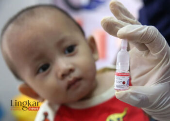 ILUSTRASI: Petugas kesehatan Puskesmas Ulee Kareng memperlihatkan vaksin polio tetes (Oral Poliomyelitis Vaccine) yang diberikan kepada balita di Banda Aceh, Aceh, Senin (21/11/2022). (Antara/Lingkar.news)