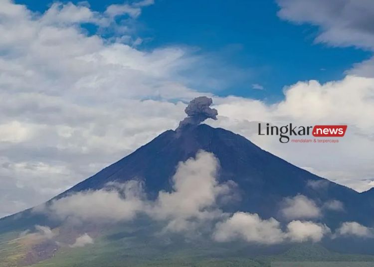 POTRET: Kolom abu vulkanik membumbung dari puncak Gunung Semeru yang terpantau dari pos pengamatan di Gunung Sawur, Kabupaten Lumajang, Jawa Timur, Selasa, 6 Februari 2024. (Antara/Lingkar.news)