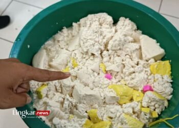 POTRET: Petugas menunjukkan tahu yang mengandung formalin hasil sidak dari Pasar Santa, Jakarta Selatan, Senin, 1 April 2024. (Antara/Lingkar.news)