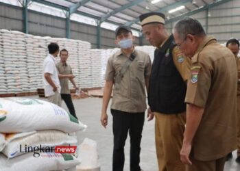 CEK BERAS: Petugas dari Dinas Pertanian dan Ketahanan Pangan saat melakukan pengecekan kualitas beras subsidi di Gudang Bulog. (Antara/Lingkar.news)