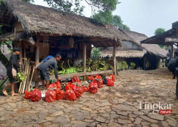 Masyarakat Badui menyiapkan komoditas hasil pertanian ladang di depan rumah Jaro Kepala Desa Kanekes Kabupaten Lebak, seperti pisang dan gula aren untuk penyerahan upacara tradisi Seba, Jumat 16 Mei 2024 di Kota Serang yang akan digelar Sabtu, 18 Mei 2024. (Antara/Lingkar.news)