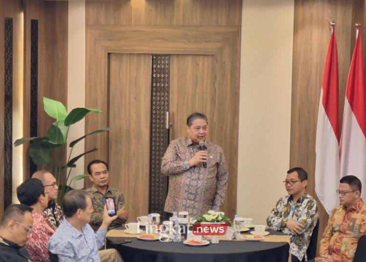 Menteri Koordinator Bidang Perekonomian Airlangga Hartarto saat menyampaikan sambutan dalam Perayaan Hari Jadi Kementerian Koordinator Bidang Perekonomian Ke-58 di Jakarta, Kamis, 25 Juli 2024. (Anta/Lingkar.news)