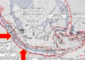 Peta zona Megathrust Mentawai, Megathrust Selat Sunda, dan zona megathrust lainnya di wilayah Indonesia. (Pusat Gempa Bumi dan Tsunami BMKG/Lingkar.news)