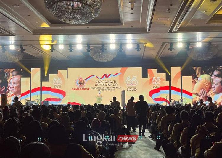 Ketua Umum Partai Golkar Bahlil Lahadalia Puncak HUT Ke-65 Ormas MKGR 2025, Jakarta, Sabtu (18/1/2025). (ANTARA/Narda Margaretha Sinambela)