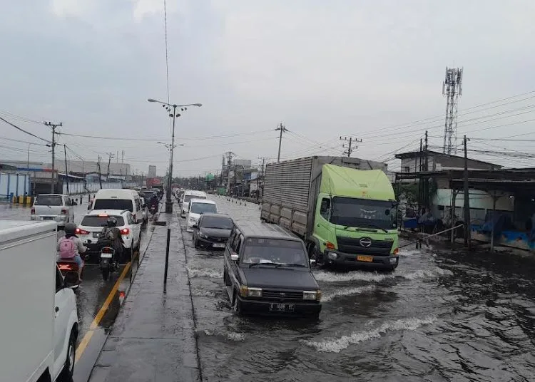 Kondisi banjir rob di Jalan Raya Pantura Demak- Semarang, Jumat, 13 Juni 2025. (Muhammad Burhanuddin Aslam/Lingkar.news)