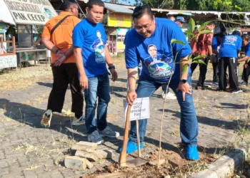 Ketua Komisi C DPRD Pati Joni Jurnianto menanam pohon di kawasan Alun-Alun Kembangjoyo Pati, Jumat (24/7/2026). (Red – Lingkar.news)