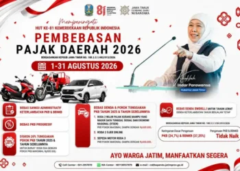 Pemprov Jatim membebaskan tunggakan pajak kendaraan bagi buruh, ojol, warga yang terdaftar DTSEN, dan pemilik kendaraan roda tiga selama Agustus 2026.