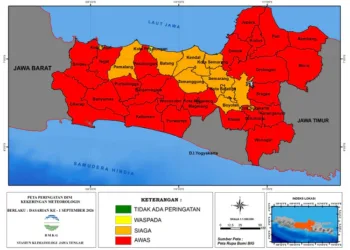 BMKG menetapkan 25 kabupaten/kota di Jawa Tengah berstatus Awas kekeringan pada 1-10 September 2026, warga diminta hemat air.