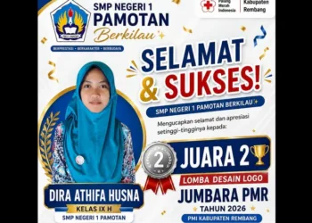 Dira Athifa Husna, siswi SMPN 1 Pamotan, sukses meraih Juara 2 Lomba Desain Logo Jumbara PMR 2026 PMI Kabupaten Rembang.