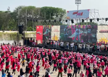 Kemeriahan kegiatan Merah Muda Fest 2026 di Lapangan Banteng, Jakarta Pusat. (M Arif Prayoga/Asih)