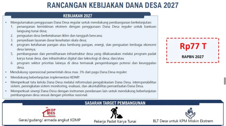 Arah Baru Penggunaan Dana Desa 2027 Fokus pada Tiga Pilar Utama 1 Rancangan kebijakan Dana Desa Tahun 2027.