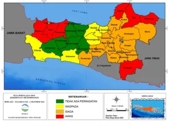 BMKG menetapkan 7 kabupaten di Jawa Tengah berstatus awas kekeringan pada 11–20 Oktober 2026.