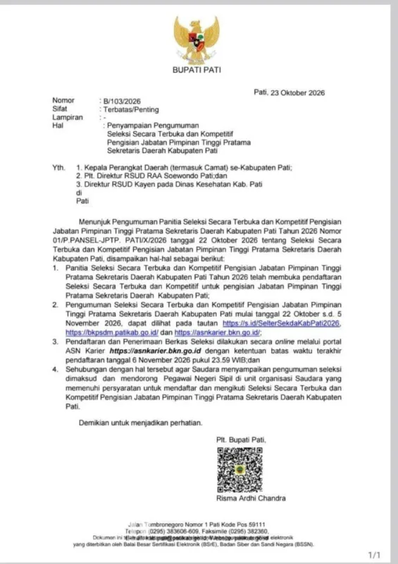 Seleksi Sekda Pati dipertanyakan setelah surat Plt Bupati Risma Ardhi Chandra bertanggal 23 Oktober 2026, sehari setelah pengumuman seleksi dimulai.